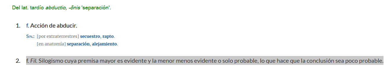 Definición de abducción en el diccionario de la RAE, incluyendo significados relacionados con secuestro, separación anatómica y silogismo filosófico.