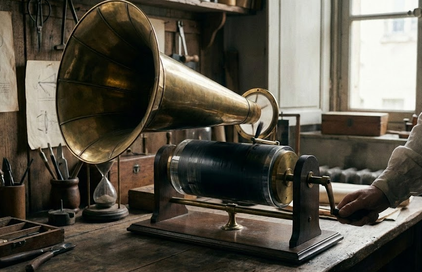Fonoautógrafo del siglo XIX con bocina de latón grabando sonido sobre un cilindro de hollín.