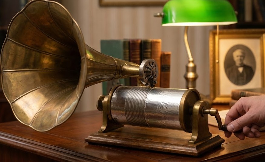 Fonógrafo de Thomas Edison del siglo XIX con cilindro fonográfico utilizado para grabar y reproducir sonido.