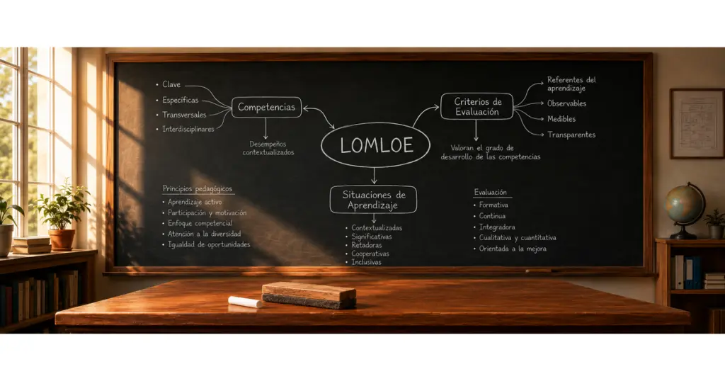 Mapa conceptual de la LOMLOE dibujado en una pizarra escolar, que conecta las Competencias, los Criterios de Evaluación y las Situaciones de Aprendizaje.