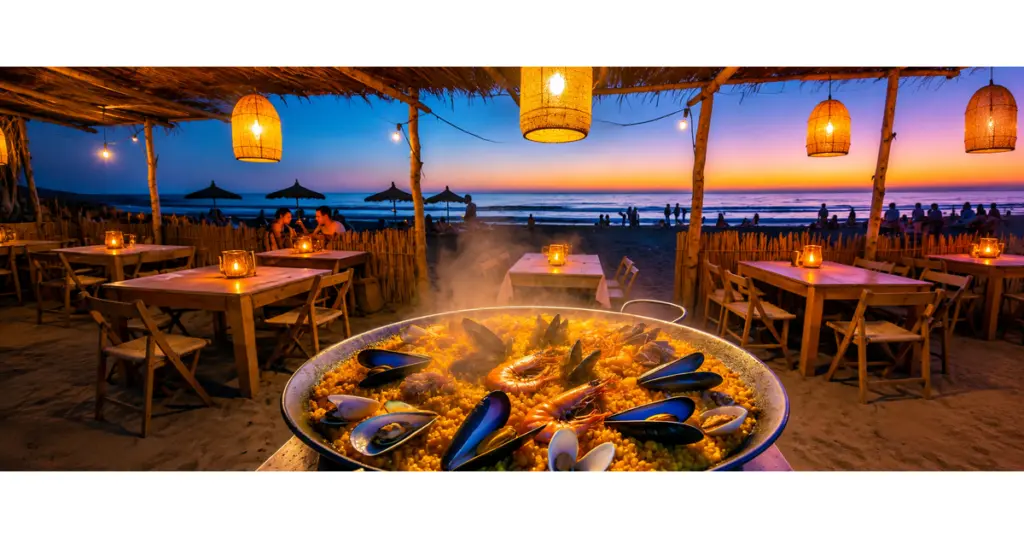 ran paella de marisco humeante en primer plano, servida en una terraza de chiringuito en la playa al atardecer.