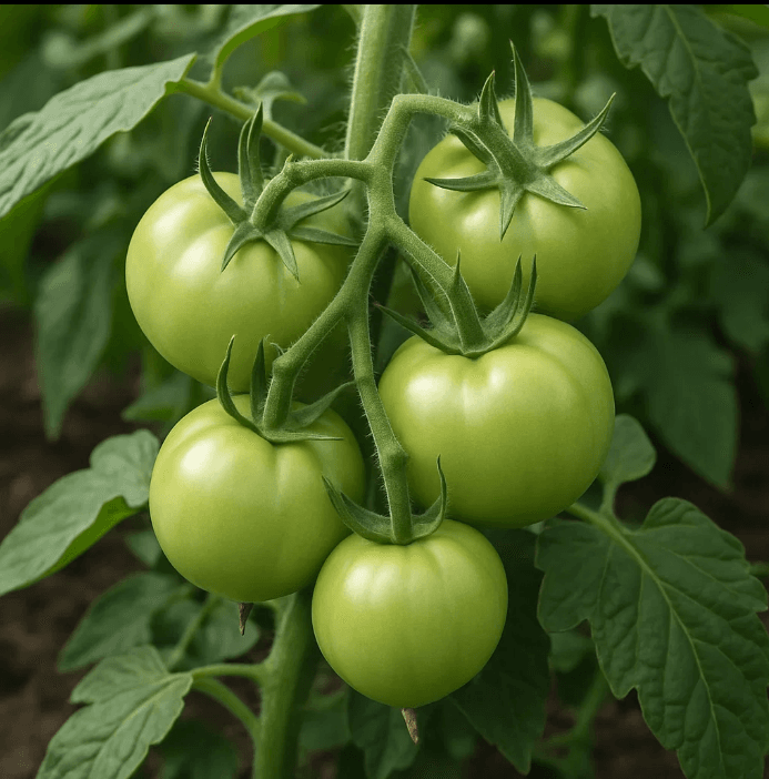 Tomates verdes en una mata de tomates