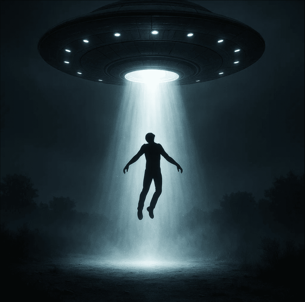 Representación artística de una abducción extraterrestre: un ovni eleva a una persona con un rayo de luz en la noche.