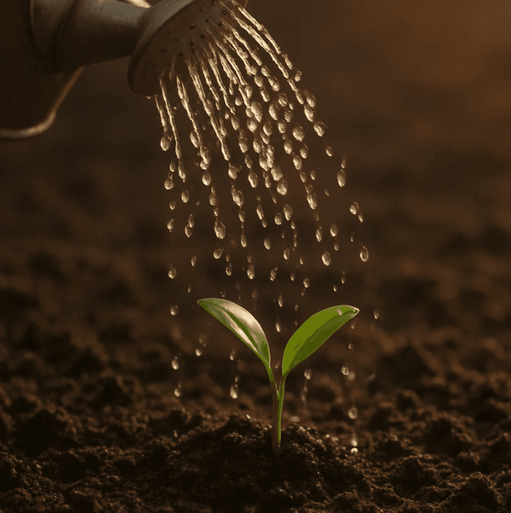 Brote verde siendo regado con una regadera metálica sobre tierra húmeda, simbolizando el crecimiento y el cuidado.