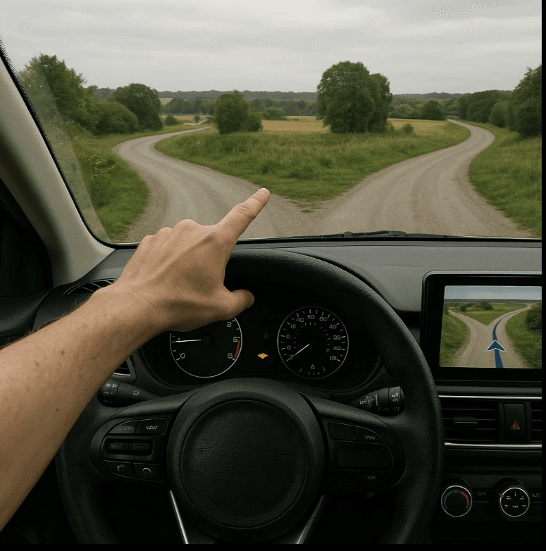 Conductor frente a una bifurcación en el camino señalando mientras el GPS indica la misma dirección.