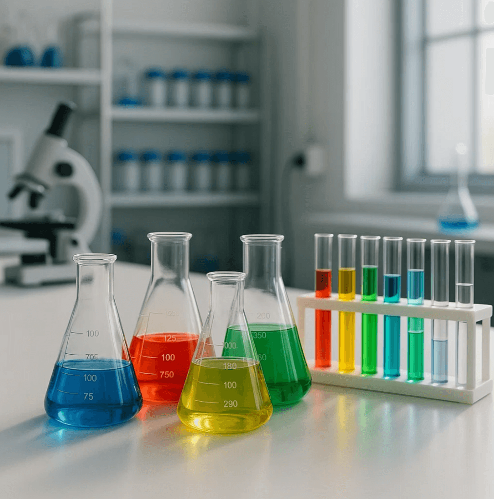 Laboratorio con matraces y tubos de ensayo con líquidos de colores usados en experimentos de química.