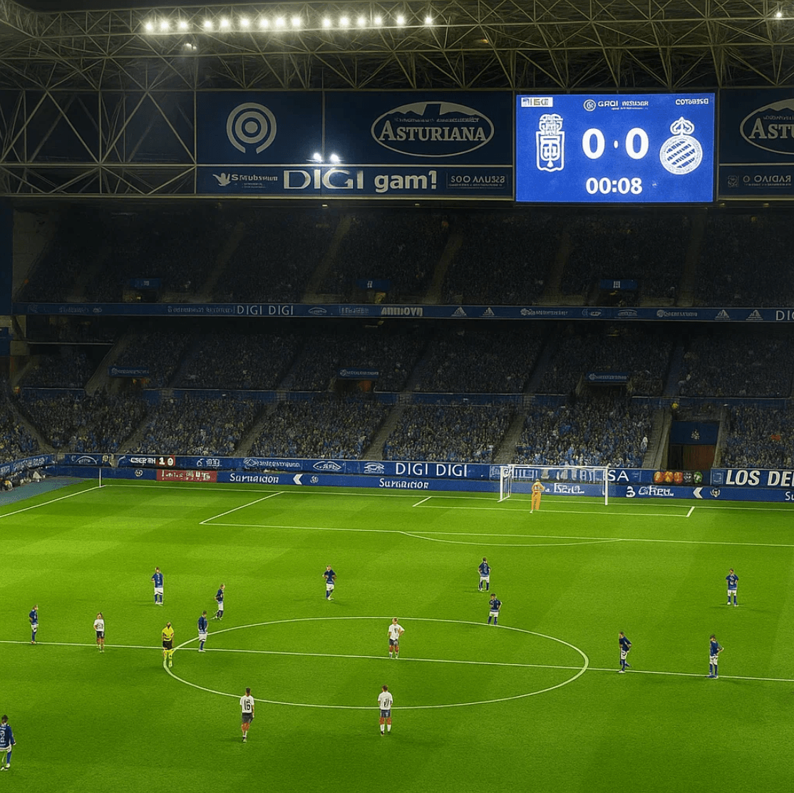 Jugadores del Real Oviedo y RCD Espanyol detenidos en el campo durante una protesta contra el traslado de un partido de LaLiga a Miami.