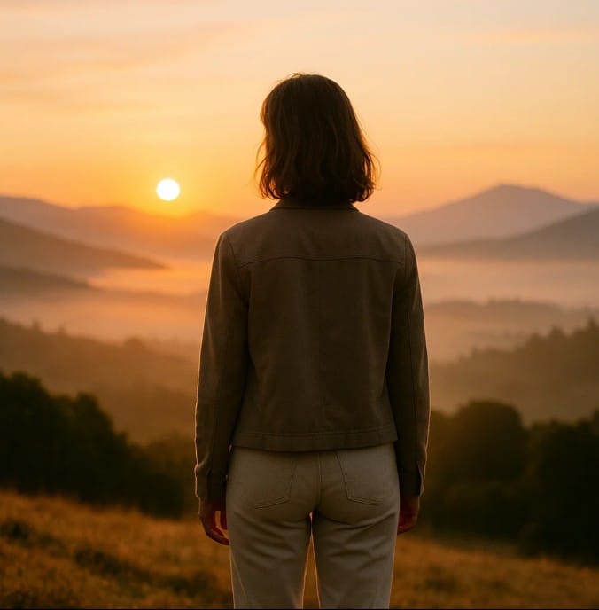 Mujer mirando un amanecer desde una colina, simbolizando nuevos comienzos y descubrimientos inesperados