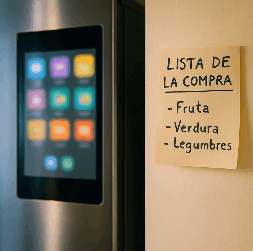 Frigorífico con pantalla táctil desenfocada junto a una nota en papel con la lista de la compra, simbolizando que la innovación no siempre es más útil que lo sencillo
