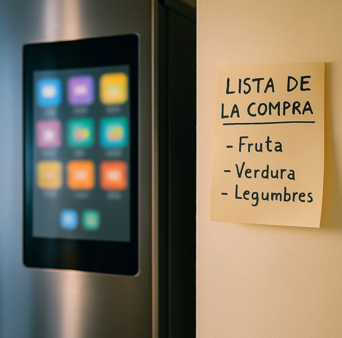 Frigorífico con pantalla táctil desenfocada junto a una nota en papel con la lista de la compra, simbolizando que la innovación no siempre es más útil que lo sencillo