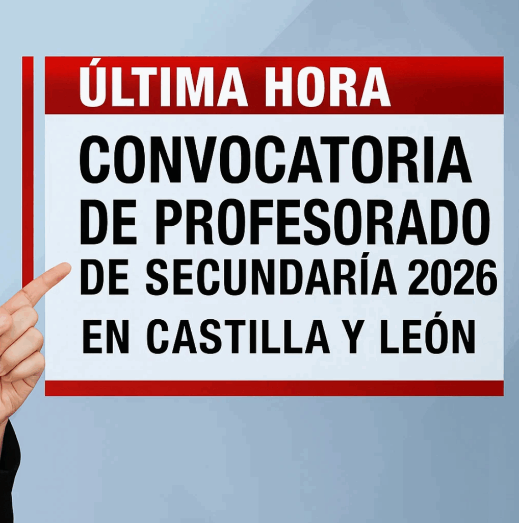 Cartel informativo con el titular “Última hora: Convocatoria de Profesorado de Secundaria 2026 en Castilla y León”.