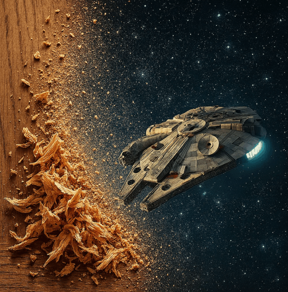 La nave Halcón Milenario de Star Wars emergiendo de un rastro de serrín que se transforma en un cielo estrellado