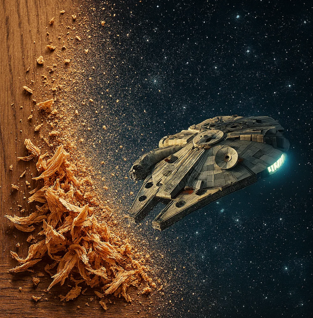 La nave Halcón Milenario de Star Wars emergiendo de un rastro de serrín que se transforma en un cielo estrellado