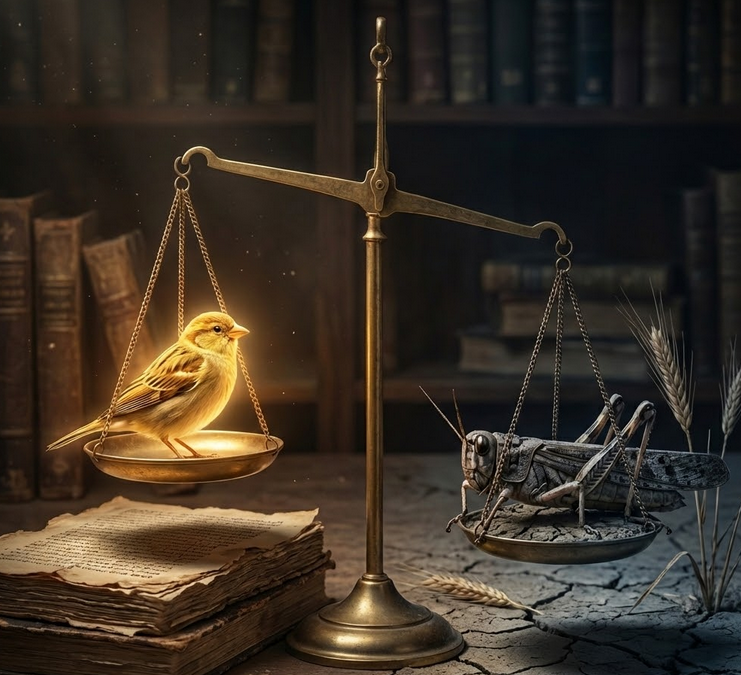 Balanza antigua con un gorrión iluminado en un platillo y una langosta en el otro, simbolizando el equilibrio ecológico y las consecuencias imprevistas de alterar la naturaleza