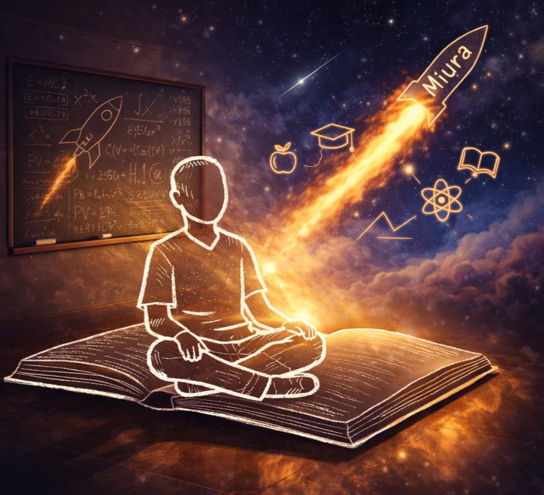 Ilustración artística del lanzamiento del cohete Miura visto desde la imaginación de un estudiante sentado sobre un libro