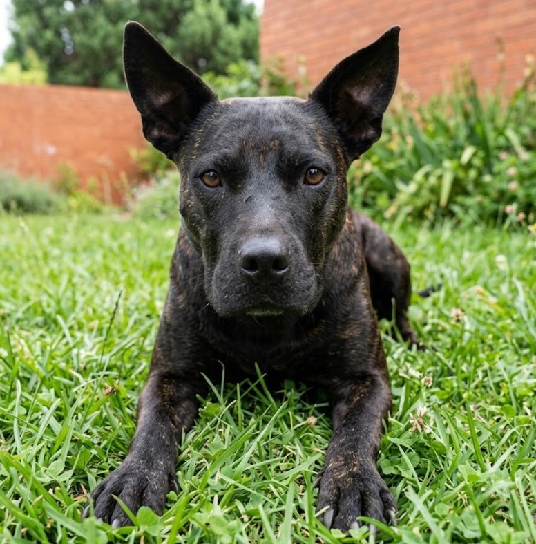 Primer plano de una perra mestiza atigrada oscura con grandes orejas tiesas, tumbada en el césped de un jardín mirando a la cámara.