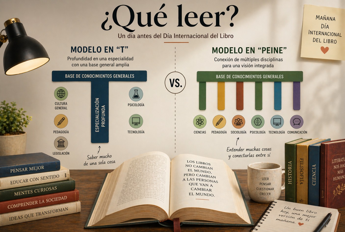 Portada con libro abierto en primer plano y comparación entre modelo en “T” y modelo multidisciplinar para orientar qué leer.