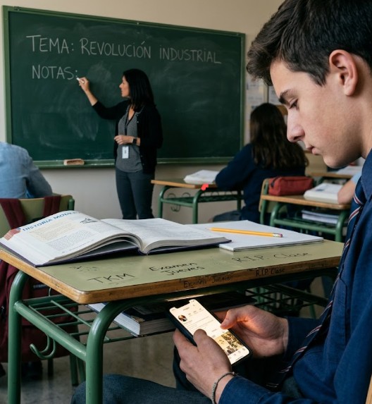 Primer plano de un estudiante con uniforme escolar mirando su móvil en un pupitre. El teléfono muestra un feed de redes sociales. En el fondo, una profesora escribe sobre la 'Revolución Industrial' en una pizarra verde.