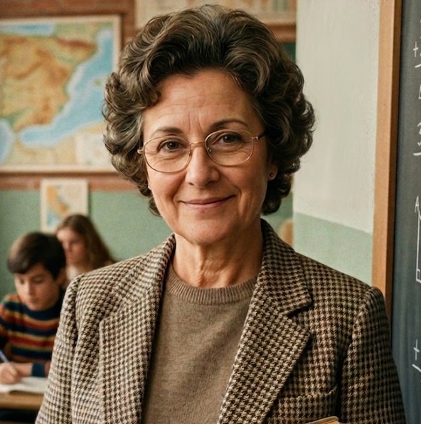 Profesora de matemáticas en un aula junto a una pizarra con una pared lisa de fondo.