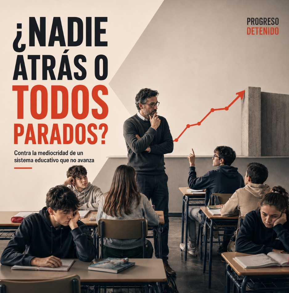 Profesor pensativo en un aula con alumnado desmotivado y el titular “¿Nadie atrás o todos parados?”, junto a un gráfico de progreso detenido.