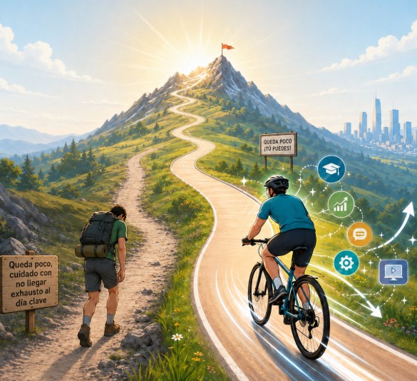 Caminante y ciclista subiendo a una cumbre