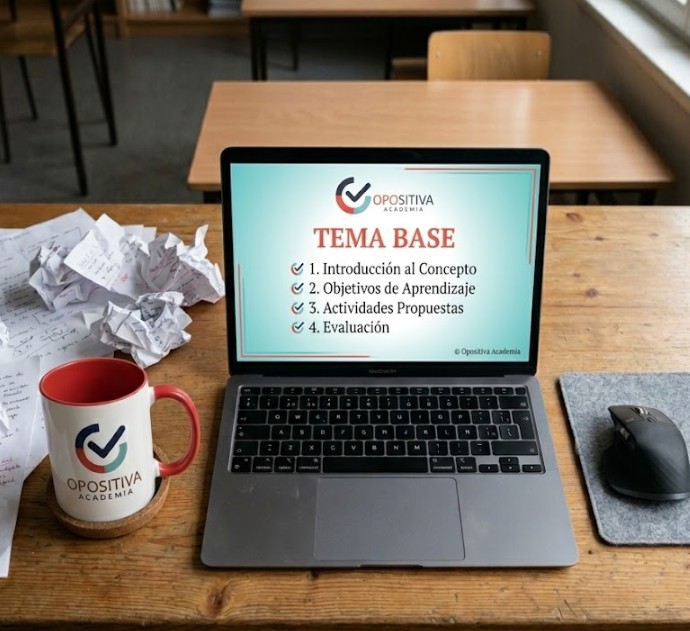 Portátil con temario de Opositiva Academia, ratón y taza de café sobre una mesa de madera.