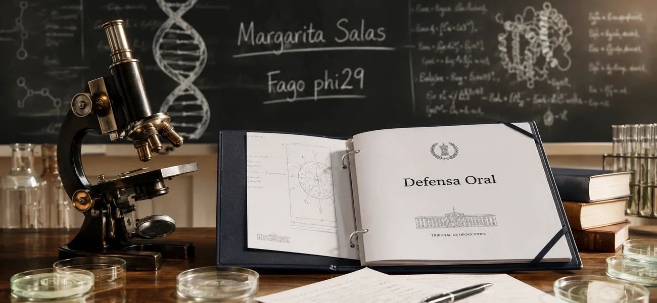 Mesa de laboratorio con un microscopio y una carpeta abierta de "Defensa Oral" ante un tribunal de oposiciones, con una pizarra de fondo dedicada a Margarita Salas y el Fago phi29.