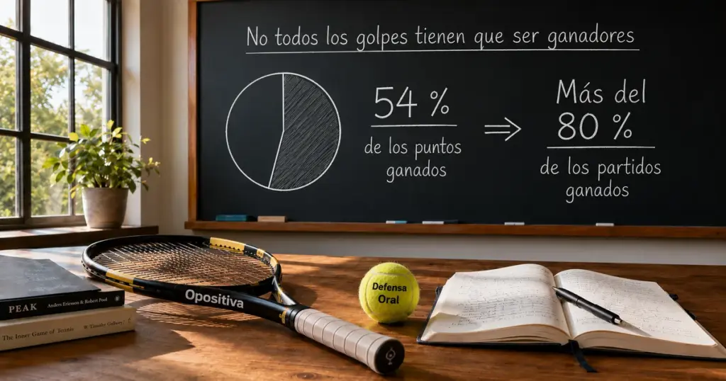 Pelota y raqueta de tenis sobre un escritorio de madera junto a un cuaderno abierto, con una pizarra al fondo que muestra de forma esquemática que ganar el 54 % de los puntos implica ganar más del 80 % de los partidos.