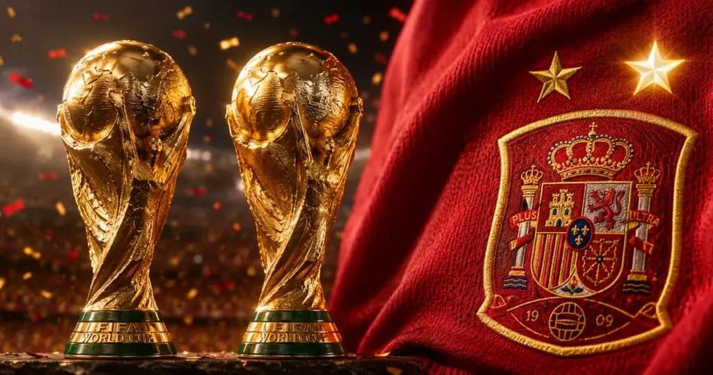 Dos copas del mundo de fútbol en primer plano, sobre un fondo de estadio iluminado con confeti, junto al escudo de España bordado sobre tela roja y coronado por dos estrellas doradas, una de ellas brillante, simbolizando el segundo título mundial.