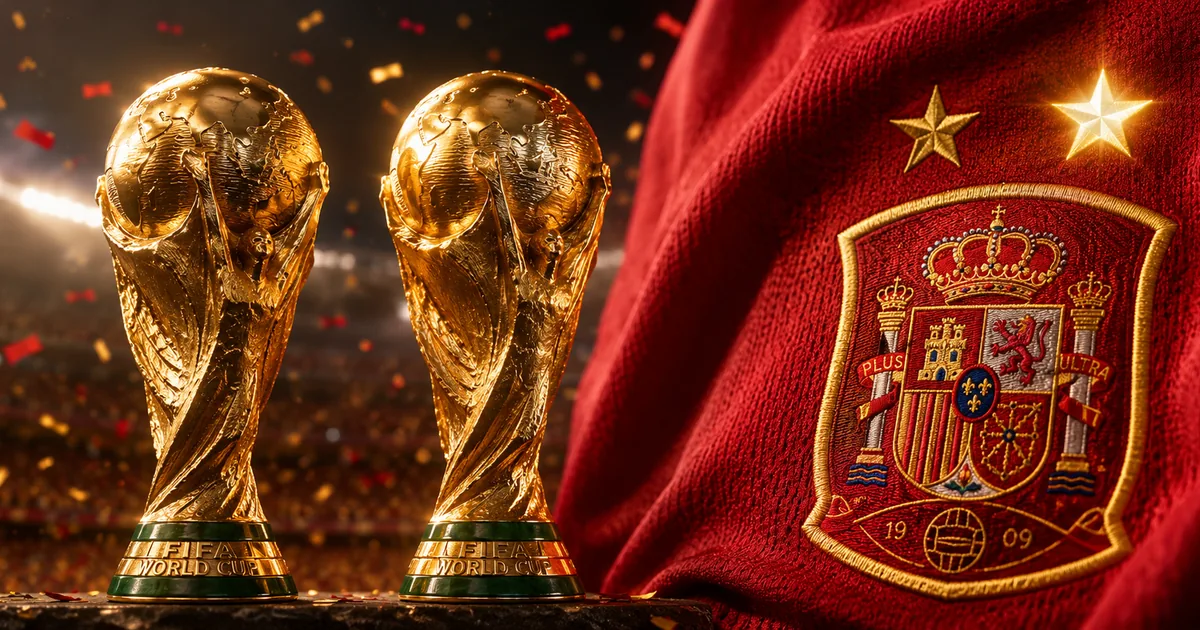 Dos copas del mundo de fútbol en primer plano, sobre un fondo de estadio iluminado con confeti, junto al escudo de España bordado sobre tela roja y coronado por dos estrellas doradas, una de ellas brillante, simbolizando el segundo título mundial.
