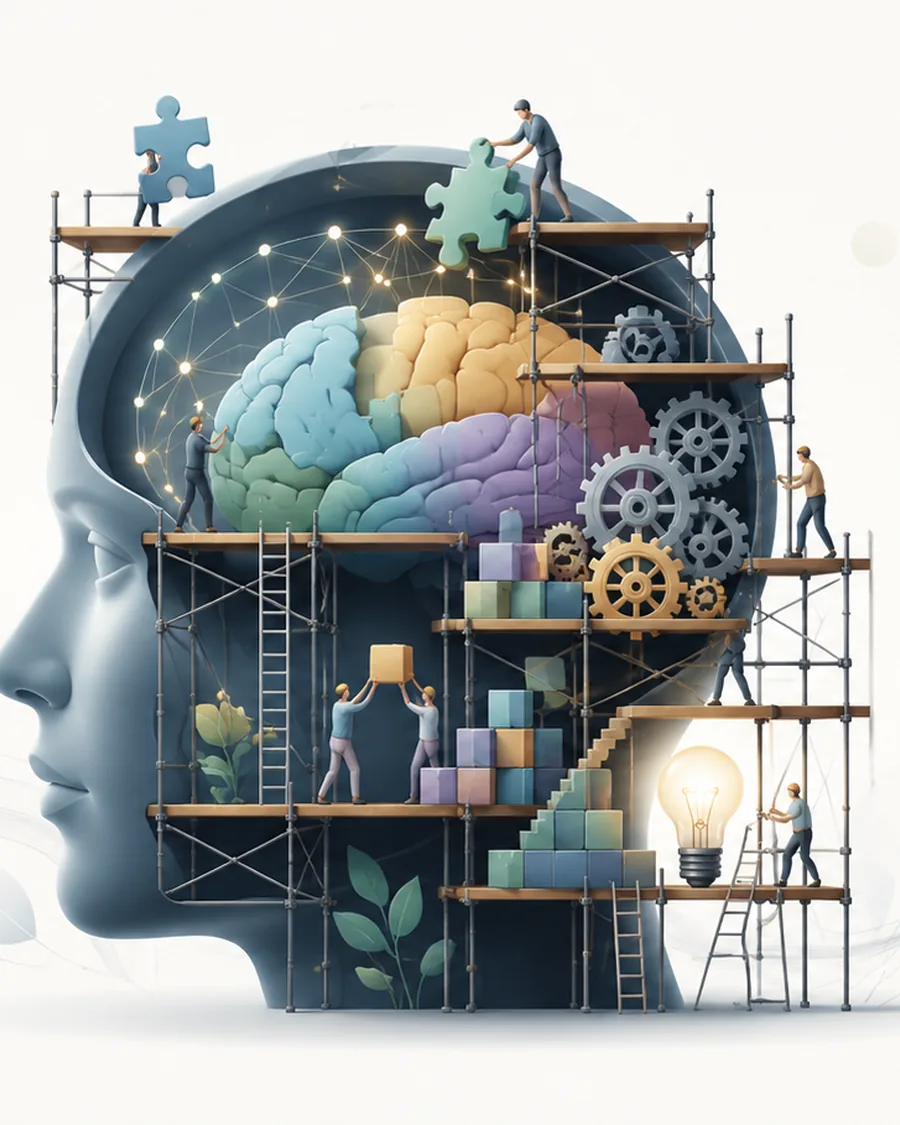 Andamiaje mental representado como un cerebro en construcción dentro de una cabeza humana.