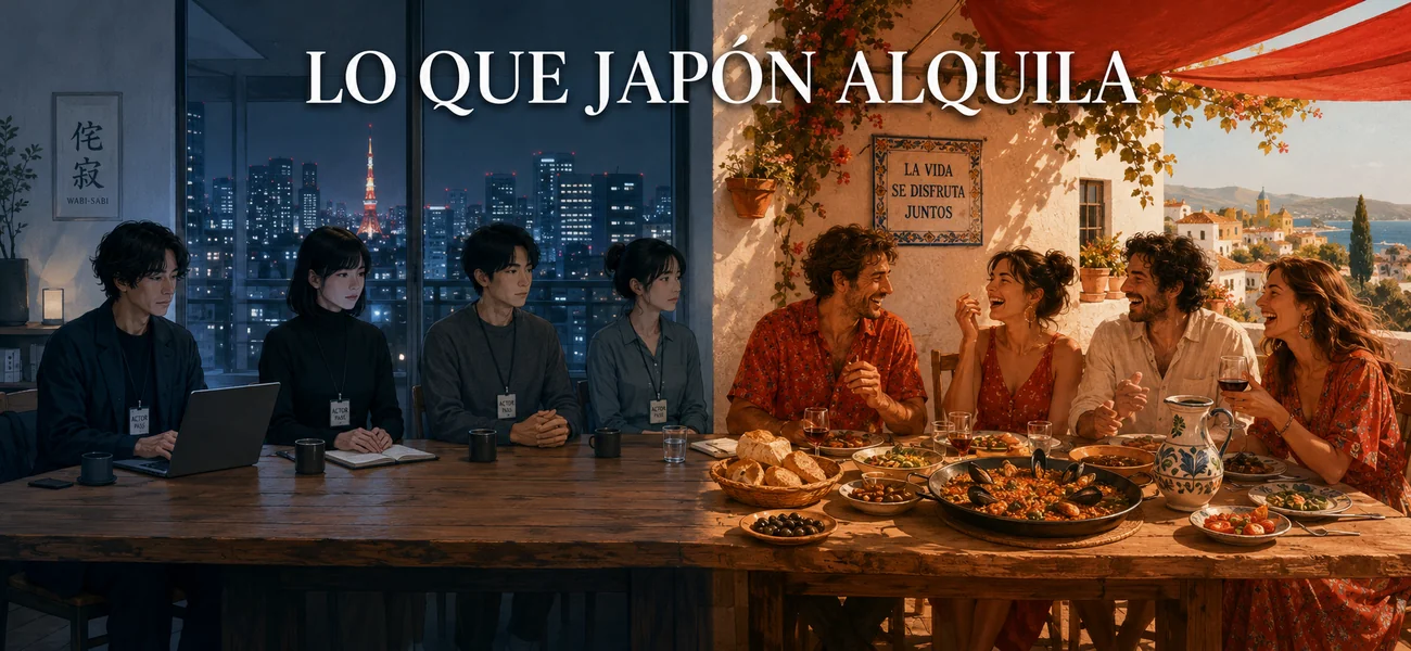 Ilustración que contrasta una reunión formal en un apartamento de Tokio con una comida familiar y distendida en una terraza española.
