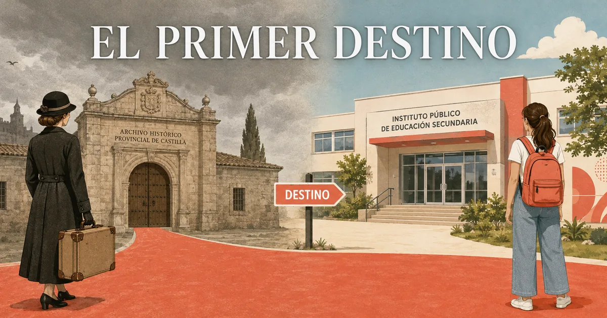 Ilustración de Maria Moliner de espaldas a los años veinte y una profesora actual unidas por un camino rojo hacia su primer destino profesional.