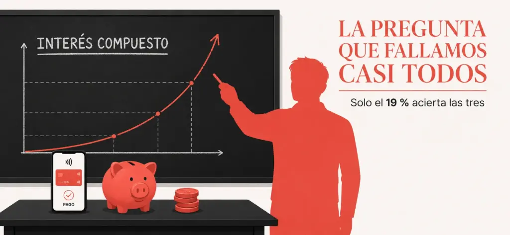 Gráfico de interés compuesto en una pizarra junto a un docente, una hucha, monedas y un teléfono móvil.