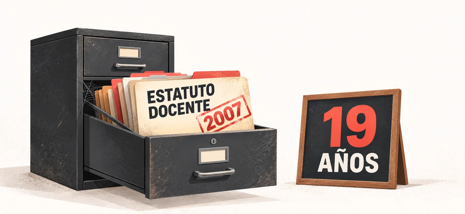 Ilustración de un archivador metálico antiguo con un cajón abierto, una carpeta rotulada “ESTATUTO DOCENTE” con sello “2007” y un panel a la derecha que dice “19 AÑOS”.