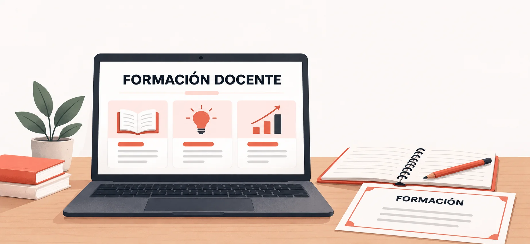 Portátil con módulos de formación docente junto a un cuaderno y un diploma.