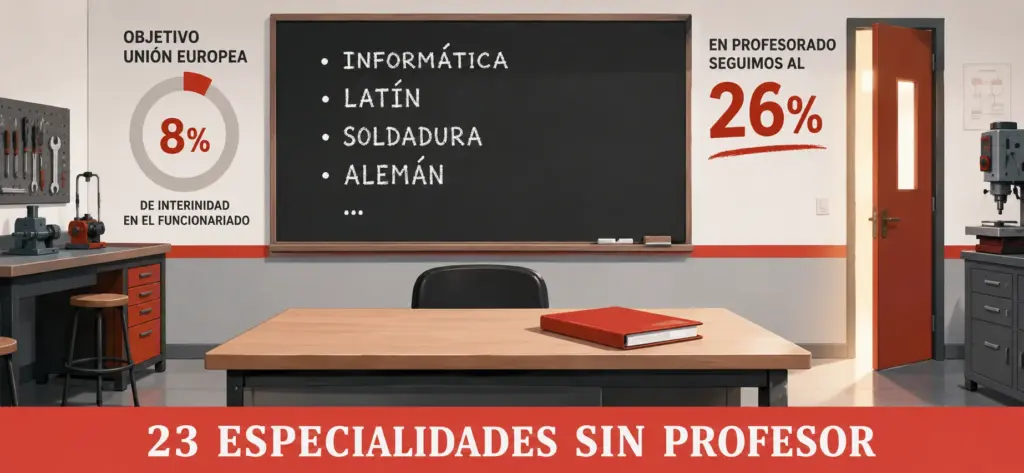 Aula taller vacía con una pizarra que compara el objetivo europeo del 8 % de interinidad con el 26 % del profesorado.