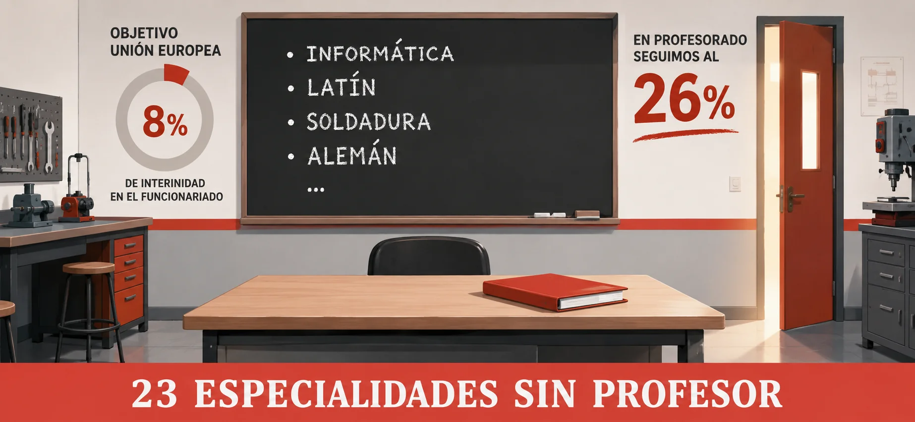 Aula taller vacía con una pizarra que compara el objetivo europeo del 8 % de interinidad con el 26 % del profesorado.