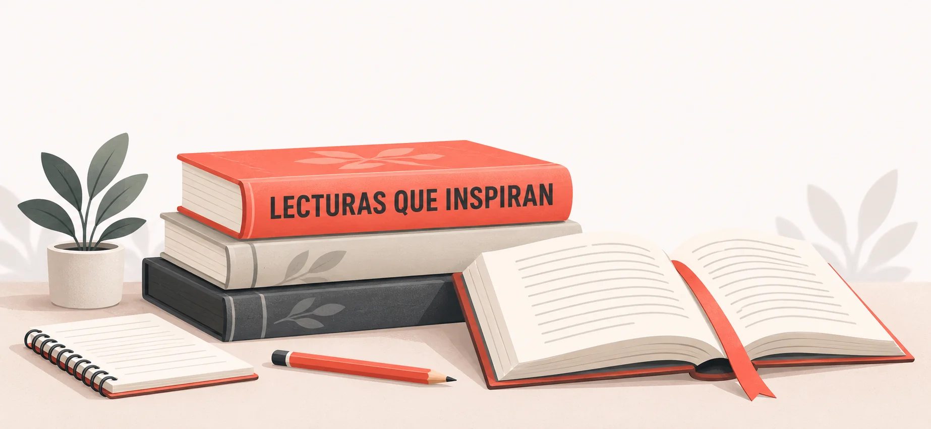 Libros apilados junto a un libro abierto con un marcapáginas coral.