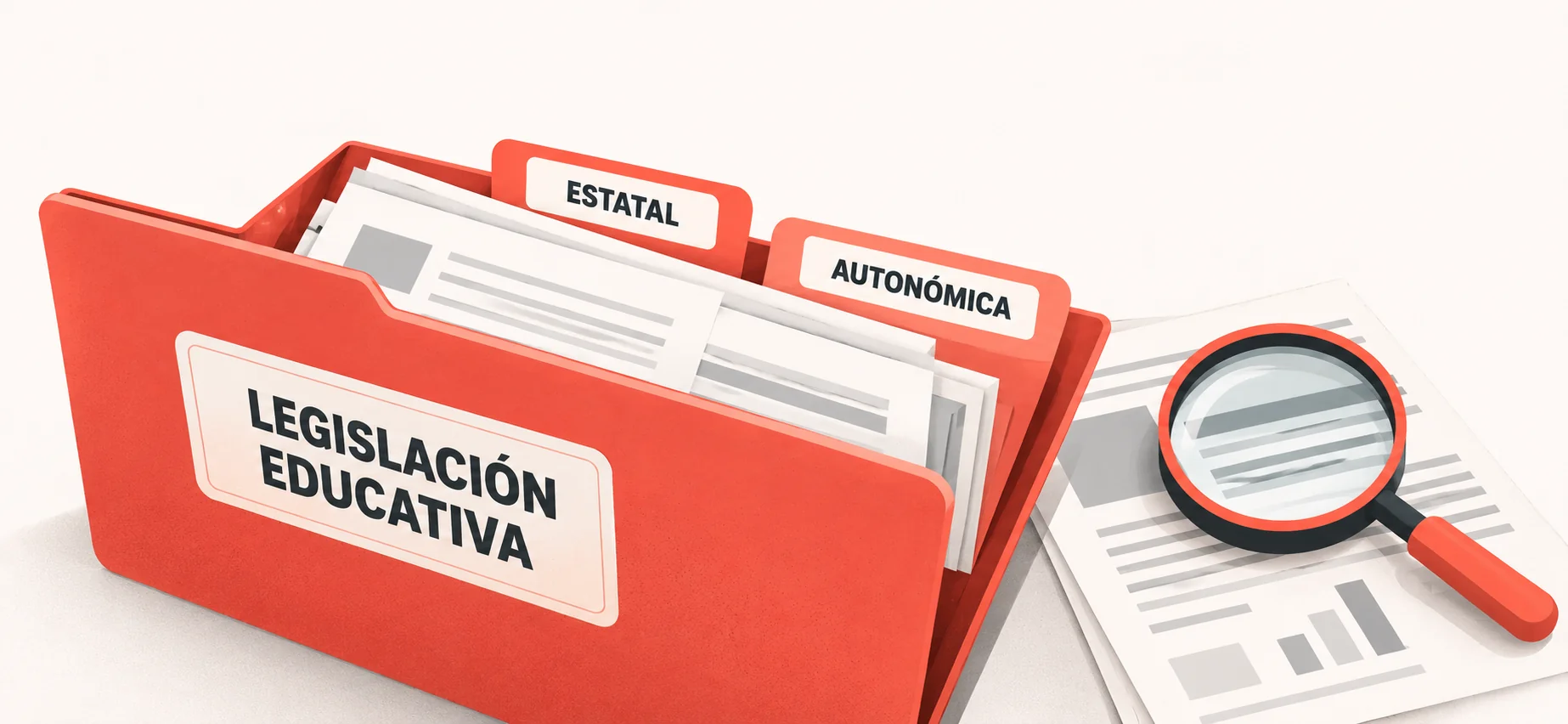 Carpeta de legislación educativa con separadores de normativa estatal y autonómica. y una lupa