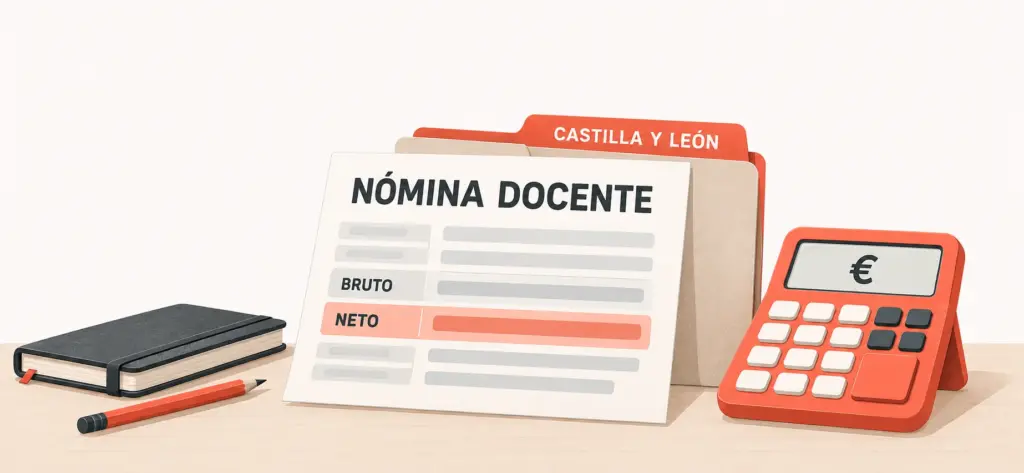Nómina docente con apartados de bruto y neto junto a una calculadora y una carpeta de Castilla y León.