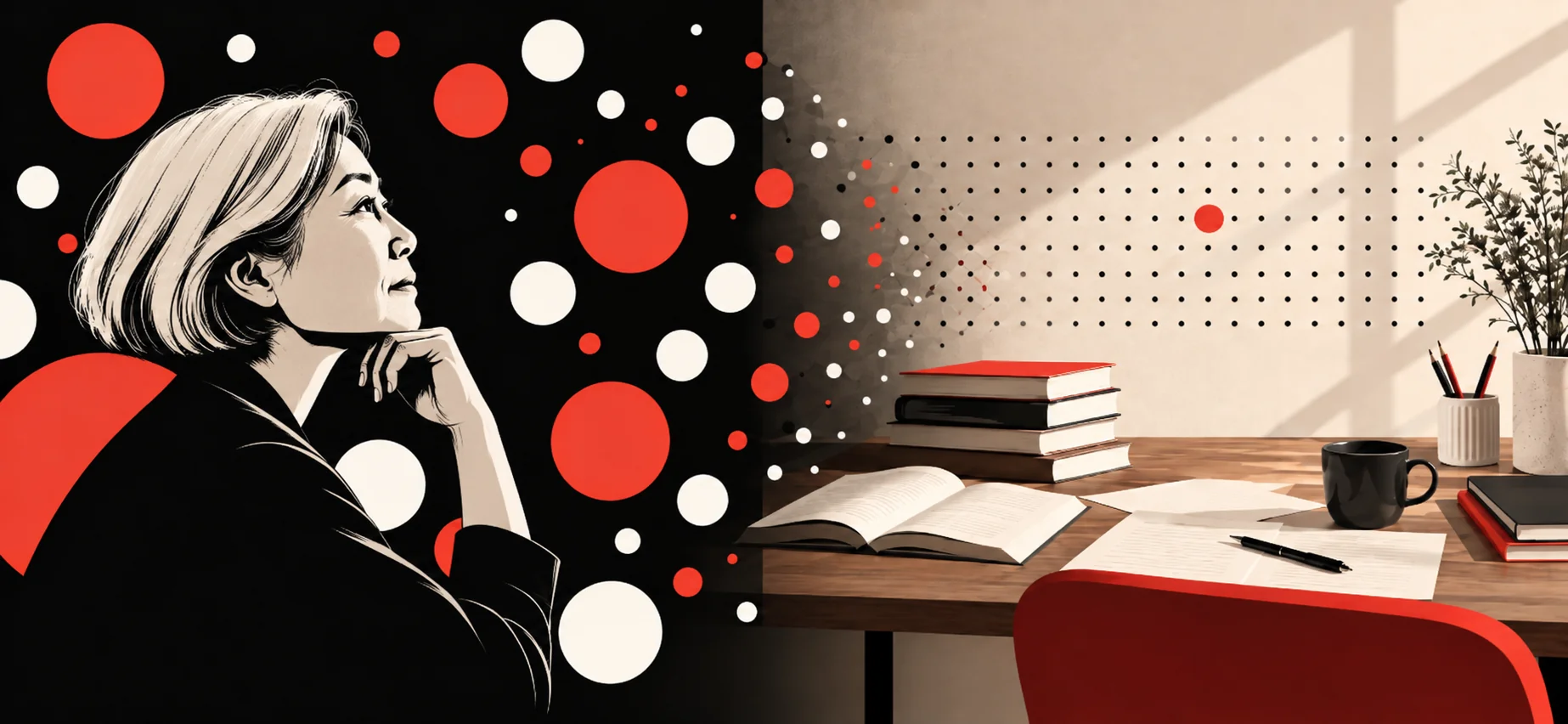 yayoi-kusama-programacion-didactica | Mujer oriental y mesa de estudio entre lunares rojos.