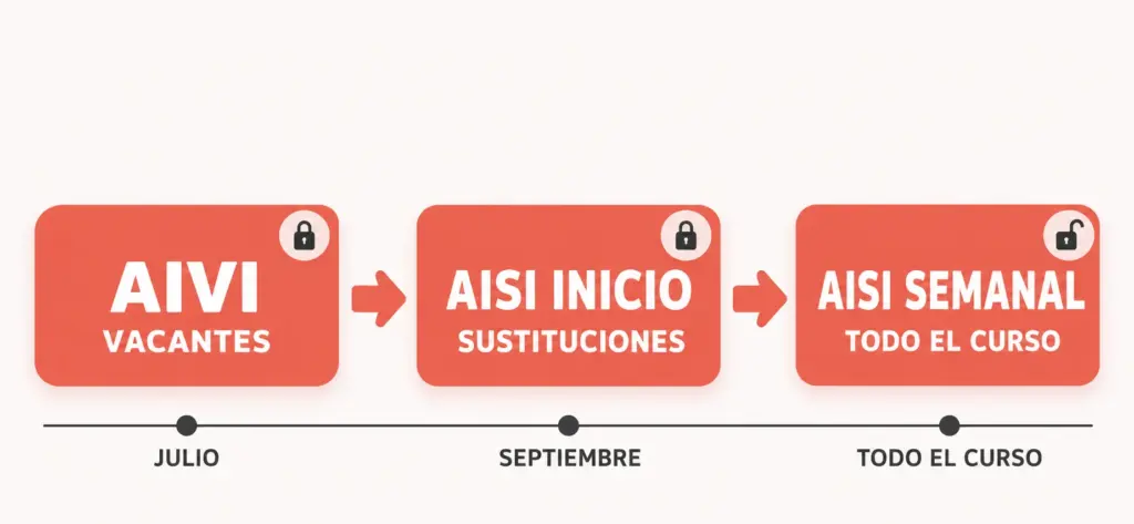 Diagrama de flujo horizontal con tres tarjetas: AIVI Vacantes, AISI Inicio Sustituciones y AISI Semanal Todo el curso, unidas por flechas y una línea de tiempo con Julio, Septiembre y Todo el curso.