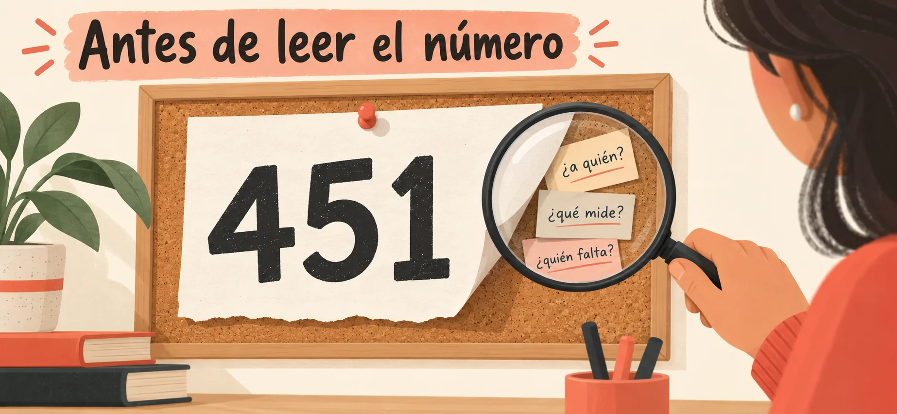 Ilustración de una mujer que examina con una lupa el número 451 clavado en un corcho, junto a notas con las preguntas ¿a quién?, ¿qué mide? y ¿quién falta?, bajo el título «Antes de leer el número».