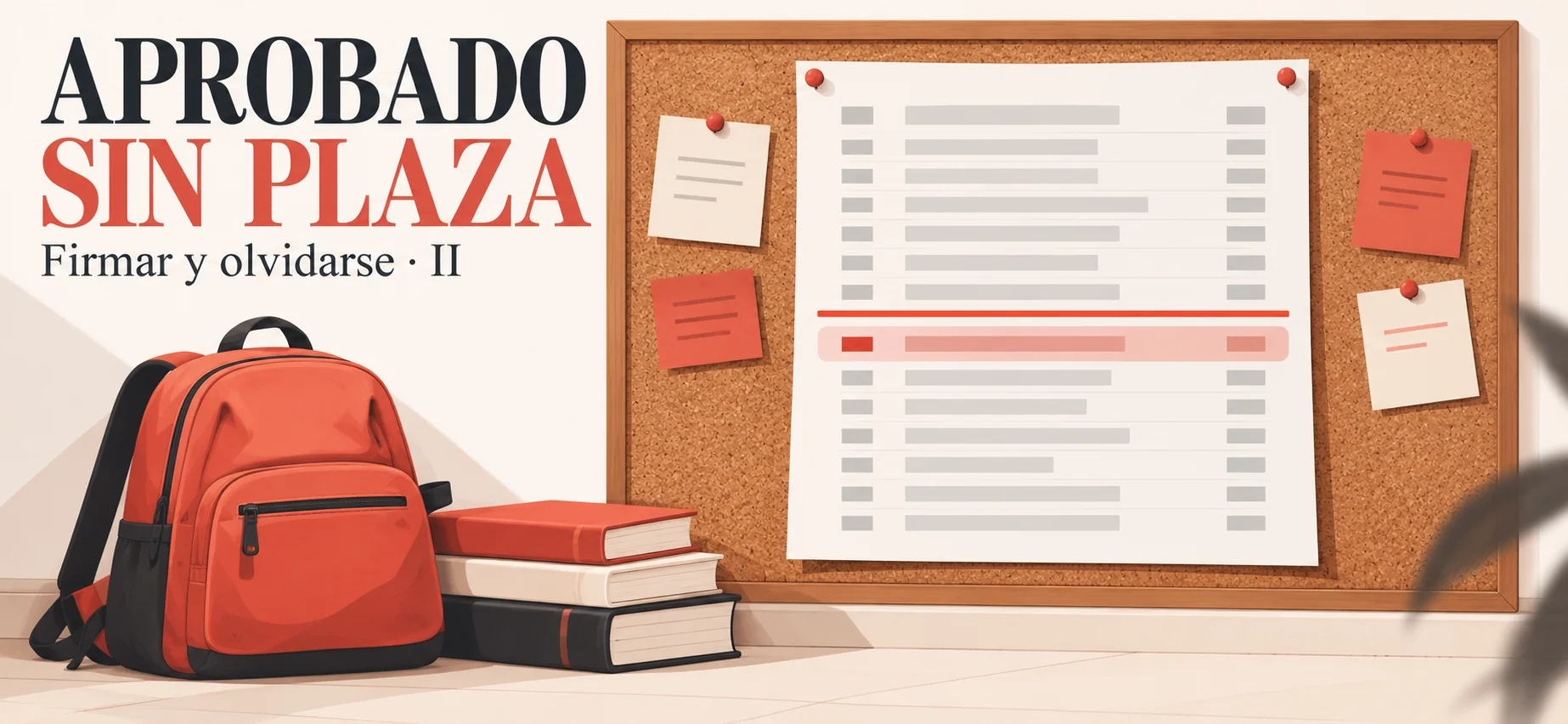 Ilustración de una lista de oposiciones con una línea roja y un aspirante resaltado justo debajo, sin plaza asignada, junto a una mochila y varios libros.