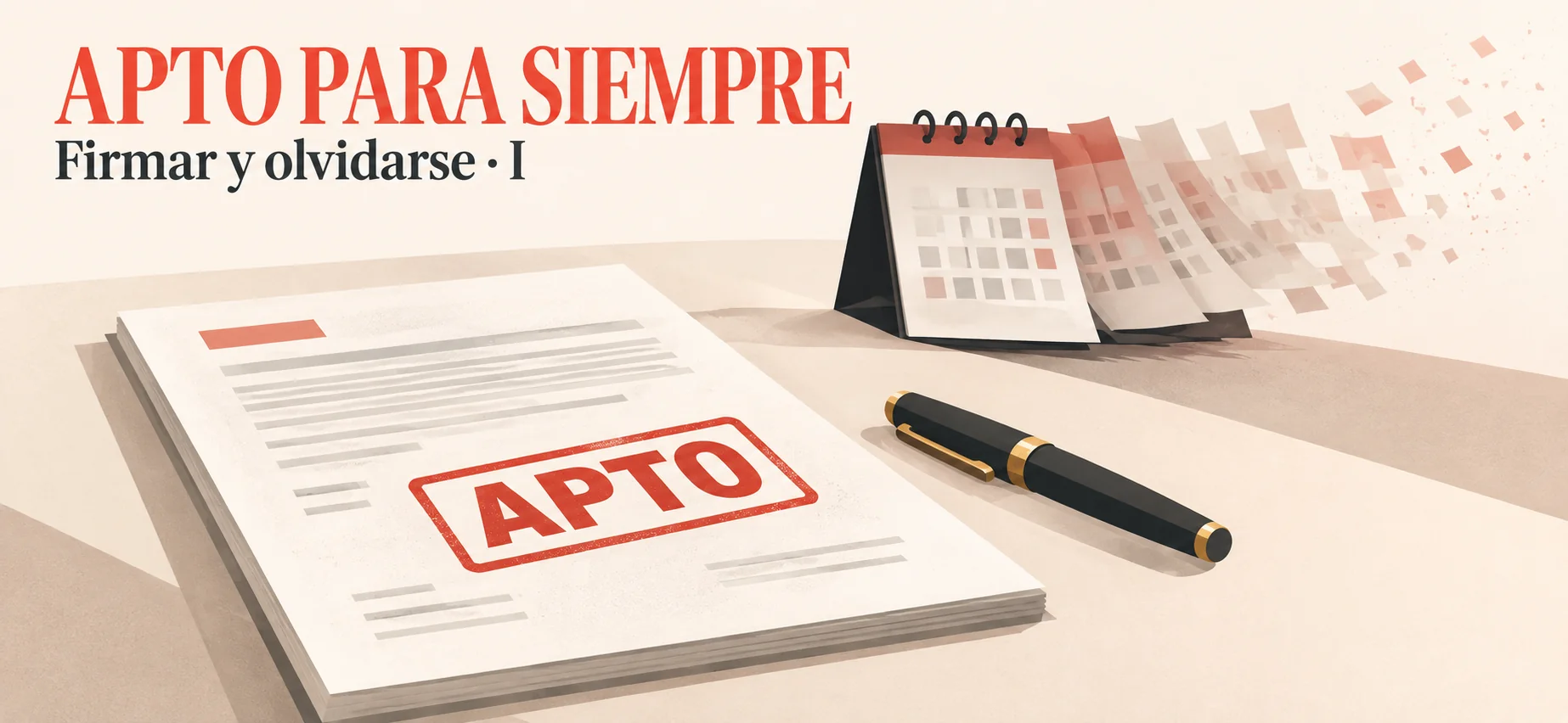 Ilustración de un informe con sello rojo APTO, una pluma estilográfica cerrada y un calendario cuyas hojas se desvanecen, simbolizando una aptitud permanente.